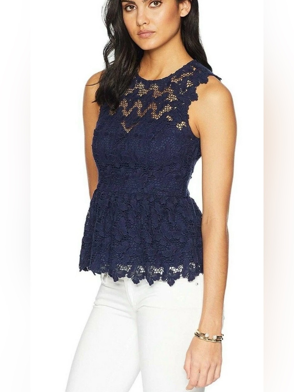 Lilly Pulitzer Aubree Top Navy Blue Papillion Lace Peplum NWT Size 8 - Picture 2 of 8